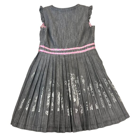 Oilily Girls 9-10 Denim Dress Floral Embroidery Butterfly Pink Accents Pleated S - Picture 2 of 13